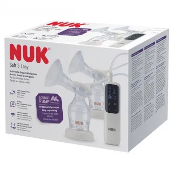 Pompa electrica dubla pentru san NUK Soft & Easy cu baterie reincarcabila si cupe moi pentru san, biberon NUK Perfect Match 150 ml inclus, 1 bucata