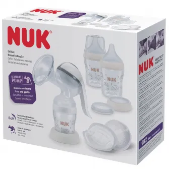Set NUK pentru alăptare, pompă manuală pentru sân cu pernă moale din silicon, include Biberoane NUK Perfect Match și tampoane pentru sân NUK Performanță Ridicată, 1 bucată