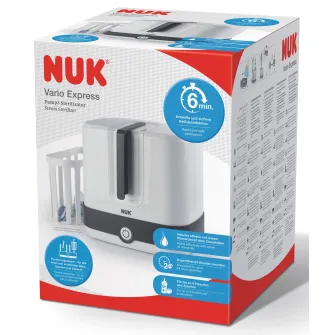 Sterilizator cu abur NUK Vario Express, pentru până la 6 biberoane și accesorii, sterilizează rapid și fiabil în 6 minute.