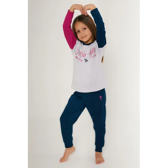 U.S. Polo Assn., Pijama de bumbac cu imprimeu logo, Roz zmeuriu, Gri deschis melange, Albastru marin, 104-110 CM