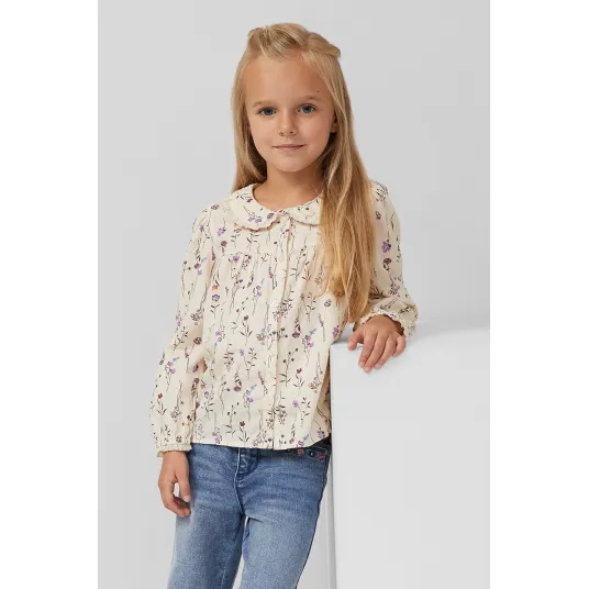 s.Oliver, Camasa cu guler cu volane si model floral, Bej, Violet tyrian, 140 CM