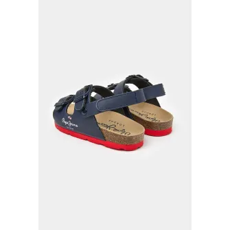 Pepe Jeans London, Sandale de piele ecologica cu barete cu catarama, Albastru marin, 28 EU