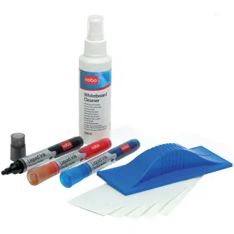 Kit pentru tabla NOBO, 3 markere diverse culori, burete magnetic + rezerva, spray curatare 125 ml