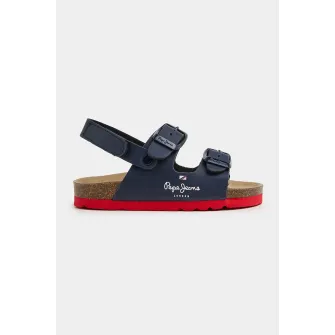 Pepe Jeans London, Sandale de piele ecologica cu barete cu catarama, Albastru marin, 28 EU