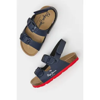 Pepe Jeans London, Sandale de piele ecologica cu barete cu catarama, Albastru marin, 28 EU