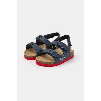 Pepe Jeans London, Sandale de piele ecologica cu barete cu catarama, Albastru marin, 28 EU
