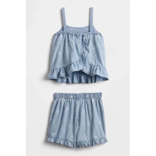 GAP, Set de top si pantaloni scurti cu stele brodate, Albastru prafuit, 105 CM