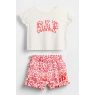 GAP, Set de tricou cu imprimeu logo si pantaloni scurti, Alb, Corai, 70 CM