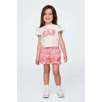 GAP, Set de tricou cu imprimeu logo si pantaloni scurti, Alb, Corai, 70 CM