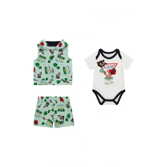 Guess Kids, Set de imbracaminte - 3 piese, Alb, Verde, 54-60 CM