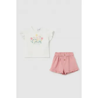 OVS, Set de tricou cu model floral si pantaloni scurti, Alb, Verde, Roz prafuit, 74 CM