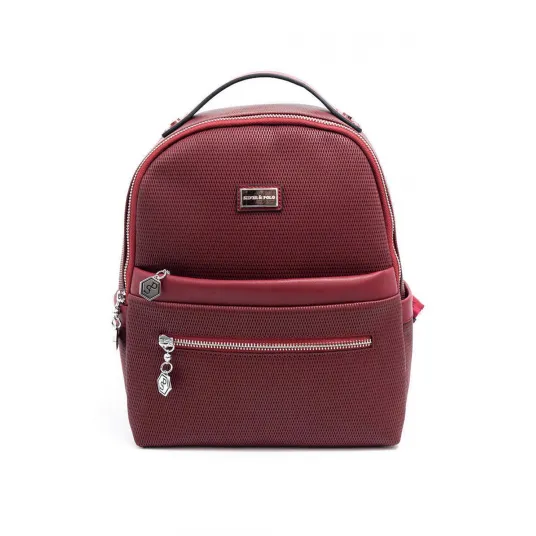 Silver&Polo, Rucsac din piele ecologica cu buzunare cu fermoar, Visiniu