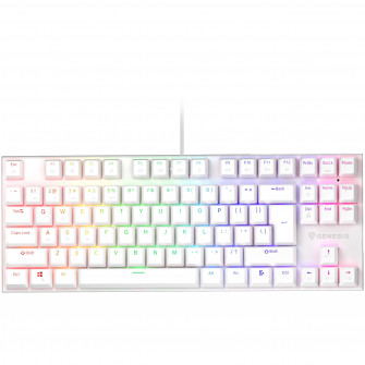 Tastatura gaming mecanica cu fir Genesis Thor 303 TKL, iluminare RGB, switch Linear, switch model Outemu Pitch Silent, numar taste 87, 11 butoane multimedia, lungime cablu 1.8m, dimensiuni 355 x 136 x 36 mm, alb