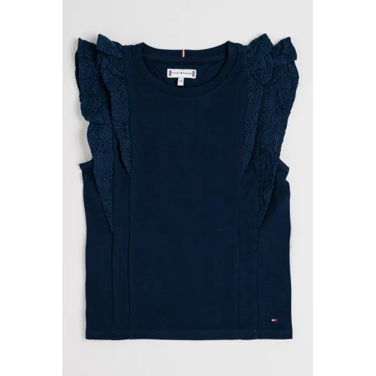 Tommy Hilfiger, Bluza de bumbac cu volane, Bleumarin, 116 CM