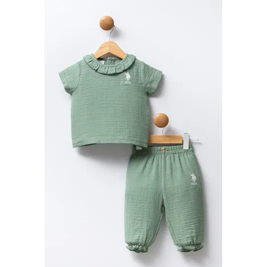 U.S. Polo Assn., Set de bluza cu maneci scurte si pantaloni - 2 piese, Verde spranghel, 92-98 CM