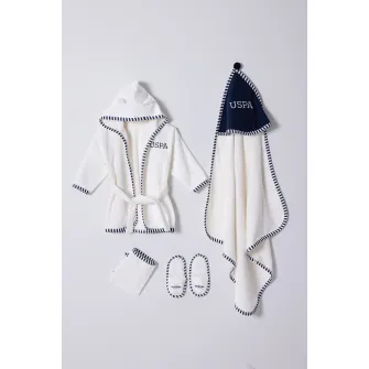 U.S. Polo Assn., Set de papuci de casa, halat de baie cu gluga si prosop - 4 Piese, Alb murdar, Bleumarin