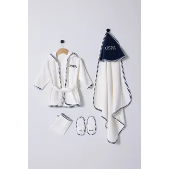 U.S. Polo Assn., Set de papuci de casa, halat de baie cu gluga si prosop - 4 Piese, Alb murdar, Bleumarin