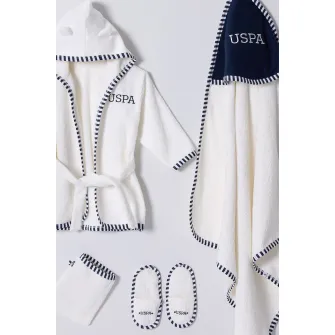 U.S. Polo Assn., Set de papuci de casa, halat de baie cu gluga si prosop - 4 Piese, Alb murdar, Bleumarin
