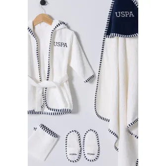 U.S. Polo Assn., Set de papuci de casa, halat de baie cu gluga si prosop - 4 Piese, Alb murdar, Bleumarin