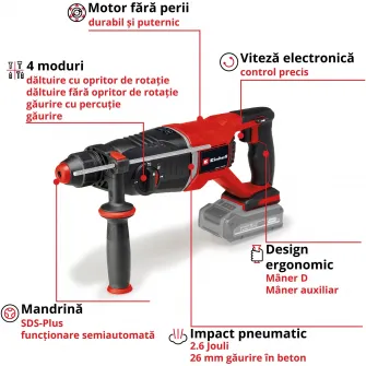 Ciocan rotopercutor pe acumulatorEinhell Professional TP-HD 18/26 D Li BL - Solo 18V, 1150 RPM, forta impact 2.6J, gaurire beton 26 mm, fara acumulator/incarcator