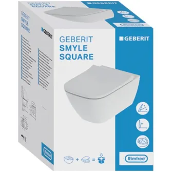 Set vas WC suspendat Geberit Smyle Square 500.683.00.2 cu capac slim wrap over duroplast, soft close, spalare verticala, ceramica