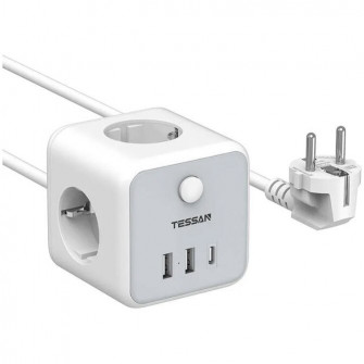 Prelungitor tip cub Tessan TS-301-C, 3 prize, 2 X USB A, 1 X USB-C, cablu 1.5m