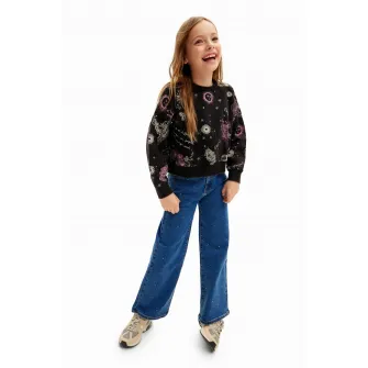 DESIGUAL, Bluza de trening din bumbac cu imprimeu grafic, Negru, Roz, 116 CM