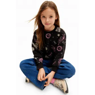 DESIGUAL, Bluza de trening din bumbac cu imprimeu grafic, Negru, Roz, 116 CM
