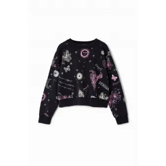 DESIGUAL, Bluza de trening din bumbac cu imprimeu grafic, Negru, Roz, 116 CM