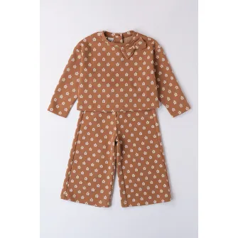 IDO, Set de pantaloni evazati si bluza cu model floral, Maro, 122 CM