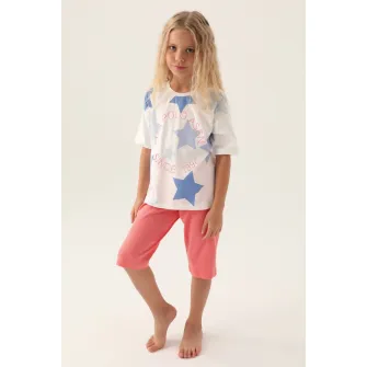 U.S. Polo Assn., Pijama scurta cu logo si imprimeu cu stele, Alb, Roz, 110-116 CM
