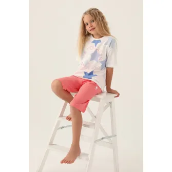 U.S. Polo Assn., Pijama scurta cu logo si imprimeu cu stele, Alb, Roz, 110-116 CM