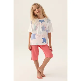 U.S. Polo Assn., Pijama scurta cu logo si imprimeu cu stele, Alb, Roz, 110-116 CM