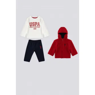 U.S. Polo Assn., Set de jacheta pufoasa, bluza si pantaloni de trening, Alb, Albastru ultramarin, Rosu inchis, 74-80 CM