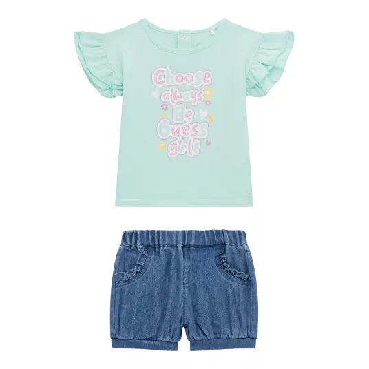GUESS KIDS, Set de blugi scurti si tricou cu maneci cu volane - 2 Piese, Verde pal, Albastru, 62-68 CM