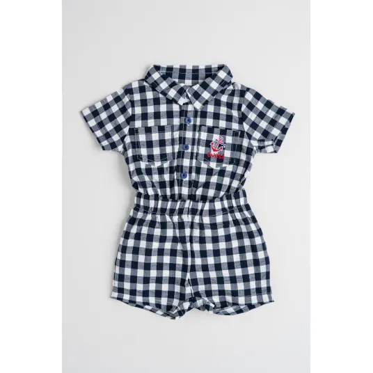 GUESS KIDS, Set de body cu model gingham si pantaloni scurti, Alb optic, Bleumarin, 68-76 CM