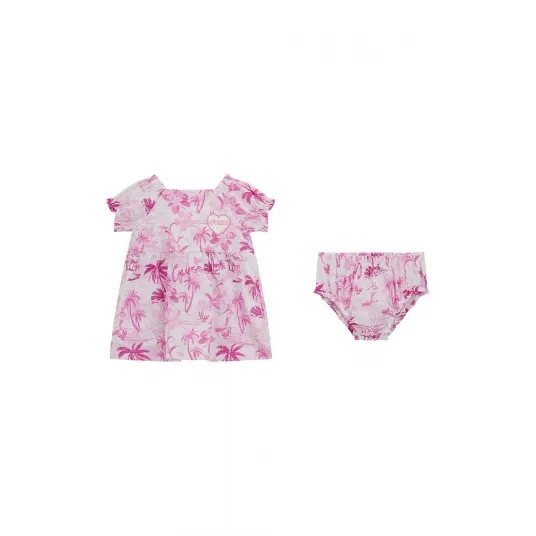 GUESS KIDS, Set de chiloti si rochie din bumbac cu imprimeu tropical - 2 Piese, Alb, Roz, 68-76 CM