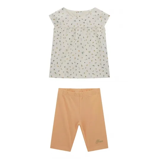 GUESS KIDS, Set de pantaloni si bluza cu imprimeu floral si maneci scurte - 2 Piese, Bej, Alb murdar, 68-76 CM