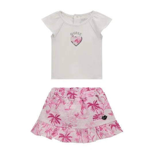 GUESS KIDS, set de tricou cu logo si fusta cu imprimeu tropical - 2 Piese, Alb murdar, Roz, 55-62 CM