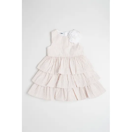 IDO, Rochie cu volane, model in dungi si aplicatie florala, Alb, Bej, 98 CM
