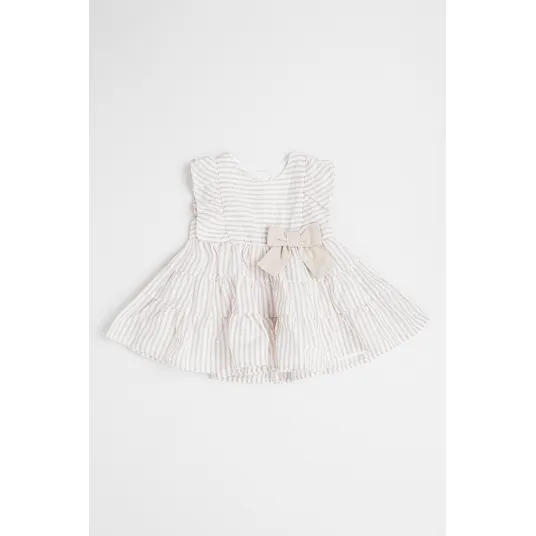 IDO, Rochie evazata din bumbac si in cu aplicatie cu funda, Alb murdar, Bej deschis, 68 CM
