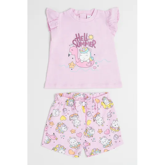 IDO, Set de pantaloni scurti si tricou cu decolteu la baza gatului - 2 piese, Alb, Roz, 68 CM