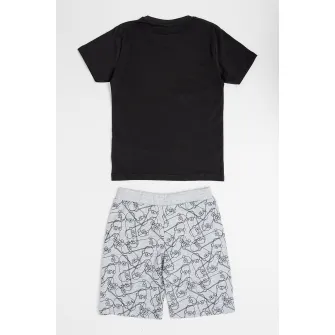 IDO, Set de tricou si pantaloni scurti din bumbac cu imprimeu grafic, Negru, Gri melange, 152 CM