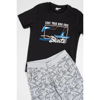 IDO, Set de tricou si pantaloni scurti din bumbac cu imprimeu grafic, Negru, Gri melange, 152 CM