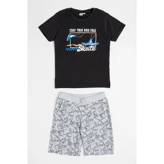 IDO, Set de tricou si pantaloni scurti din bumbac cu imprimeu grafic, Negru, Gri melange, 152 CM