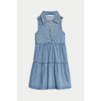 Marks & Spencer, Rochie evazata de bumbac si lyocell cu guler ascutit, Albastru inchis, 90-98 CM
