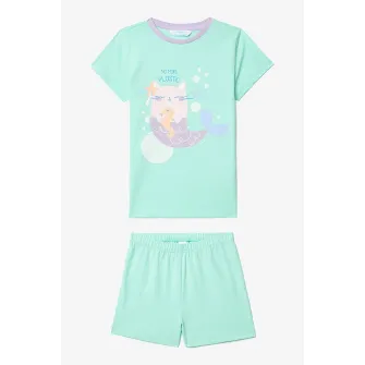 Penti, Pijama din bumbac cu imprimeu grafic si maneci scurte, Alb, Albastru aquamarin, Lila, 152 CM