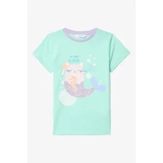 Penti, Pijama din bumbac cu imprimeu grafic si maneci scurte, Alb, Albastru aquamarin, Lila, 122 CM