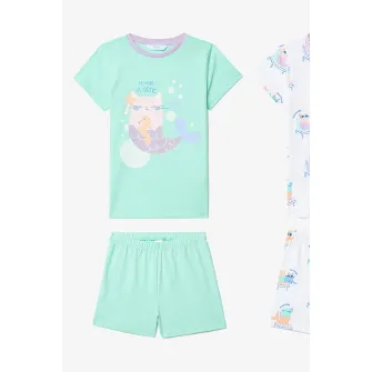 Penti, Pijama din bumbac cu imprimeu grafic si maneci scurte, Alb, Albastru aquamarin, Lila, 116 CM
