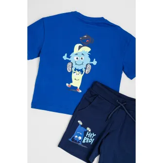 Sarabanda, Set de tricou si pantaloni scurti cu imprimeu, Albastru royal, Verde lime, Bleumarin, 128 CM